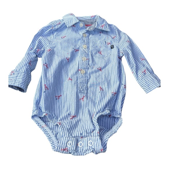 Oshkosh B’gosh Blue Striped Baby Long sleeve with Lobsters playing badminton  9M - Picture 1 of 3